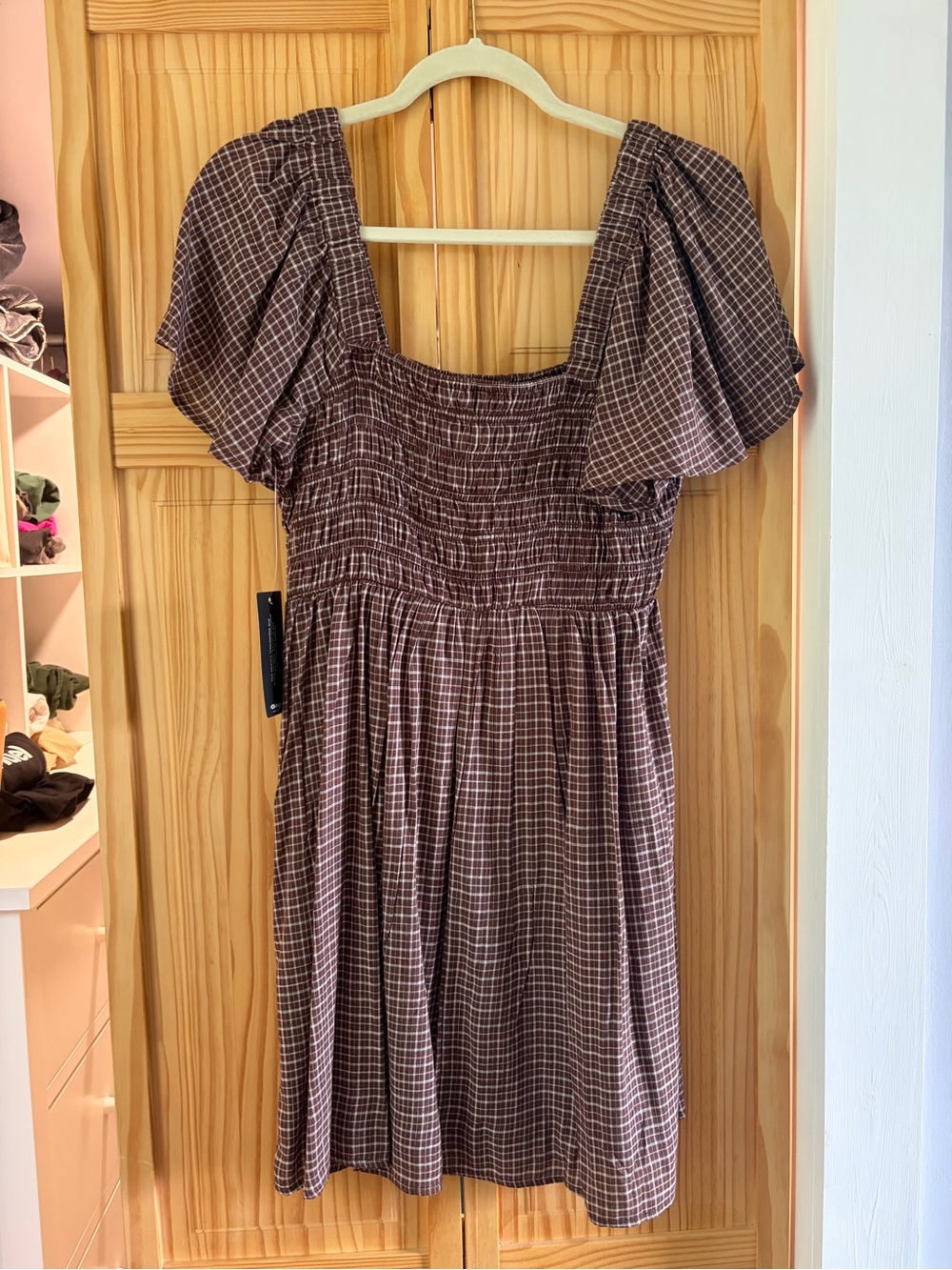 Smocked Square-Neck Mini Dress in Brown Plaid